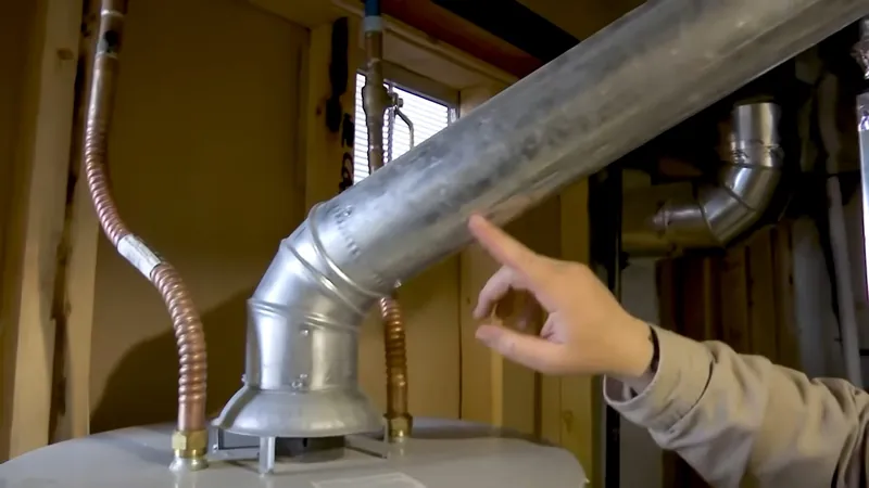 Hand pointing at a galvanized flue pipe rising from the top of a water heater